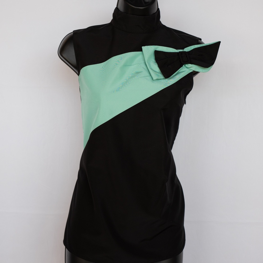 Prada Black Sleeveless Mock Neck Blouse w/ Tiffany Blue Stripe